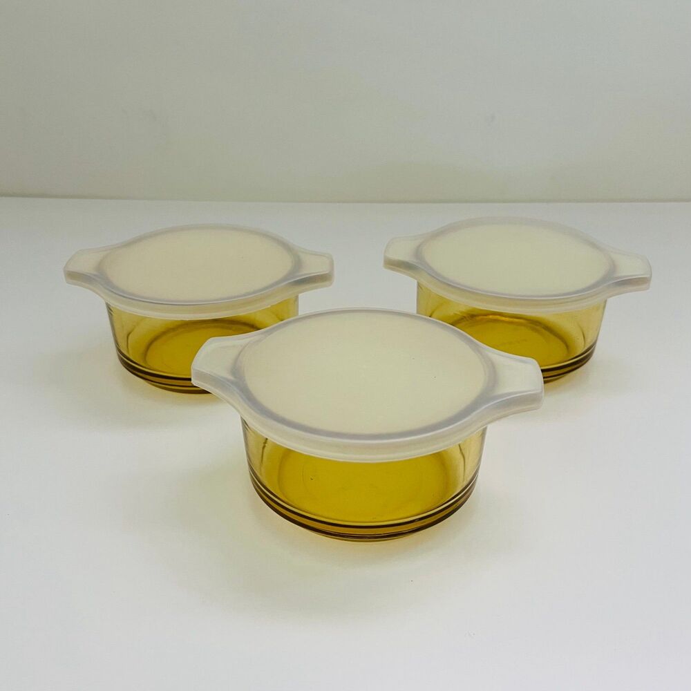 DYNAWARE PYR-O-REY Amber Yellow Glass Small Casserole Dishes With Lids, Set of 3